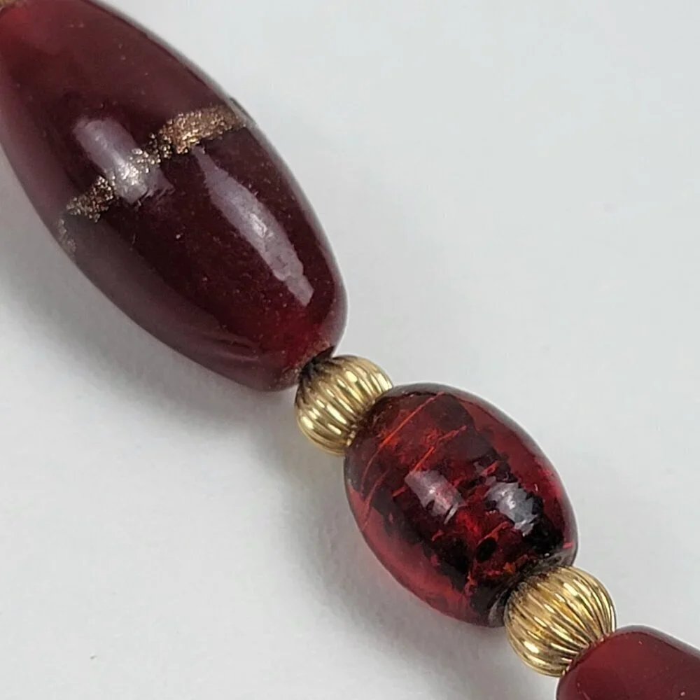 Vtg. Crimson Red Faux-Amber Glass Art Beaded Necklace Gold Plated Fishhook 19 In